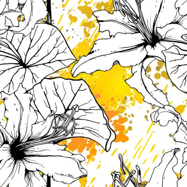 Çiçekli Siyah ve Beyaz Kusursuz Şablon. Modern Sanatsal Suluboya Baskısı. Moda Dış Hatları Çiçek Yüzeyi. Mürekkep lekeleri dokusunda Botanik Vektör Motifi. Soyut Yaprak Çizimi. Trend Tropik Arkaplanı.