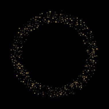 Düşen kar, altın deseni bozar. Uçan altın kar, don ve kar yağışlı bir resim. Kara geceyle ilgili Noel kutlaması için kış baskısı. Yeni Yıl için Tatil Vektörü illüstrasyonu.