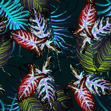 Tropik Yaprak. Modern Motif. Orman baskısı. Yeşillik Yazı Kusursuz Düzen. Yeşillik Vektörü Arkaplanı. Sanatsal Botanik Yüzey. Moda için soyut bitki dokusu. Karşıtlık Fırçası Çizimi.