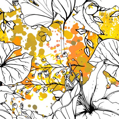 Çiçekli Siyah ve Beyaz Kusursuz Şablon. Modern Sanatsal Suluboya Baskısı. Moda Dış Hatları Çiçek Yüzeyi. Mürekkep lekeleri dokusunda Botanik Vektör Motifi. Soyut Yaprak Çizimi. Trend Tropik Arkaplanı.