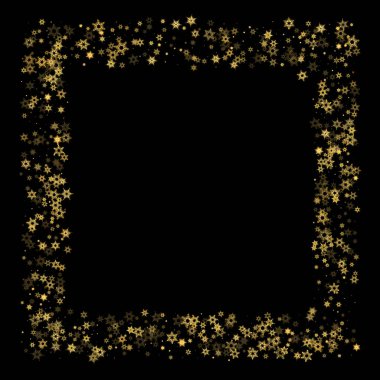 Düşen kar, altın deseni bozar. Uçan altın kar, don ve kar yağışlı bir resim. Kara geceyle ilgili Noel kutlaması için kış baskısı. Yeni Yıl için Tatil Vektörü illüstrasyonu.