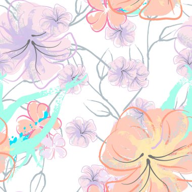 Pembe Çiçekler Çiçek Şablonu. Pastel Suluboya Çiçek Yazısı. Küçük pembe, sarı, gri yapraklı leylak çiçeği. Zarif fırça arka planı. Kusursuz Botanik Vektör Yüzeyi. Moda Yazıcıları İçin Desen.