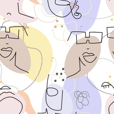 Yüz çizgisi deseni. Soyut çizim kusursuz desen. Vektör Modern Minimum Sanat. Grafikler arka planda. Sürekli bir çizgi çiziyor. Doğrusal tasarım kadın ve erkek yüzleri. Güzel modern baskı..