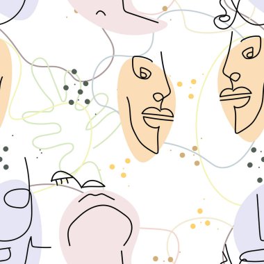 Kadın yüzü hattı. Soyut çizim kusursuz desen. Vektör Modern Minimum Sanat. Grafikler arka planda. Sürekli bir çizgi çiziyor. Doğrusal tasarım kadın ve erkek yüzleri. Güzel modern baskı..