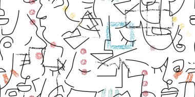 Bir çizgi. Soyut, pürüzsüz bir şekil. Vektör Modern Minimum Sanat. Grafikler arka planda. Devamlı çizgi çizimi. Doğrusal tasarım kadın ve erkek yüzleri. Yatay Güzellik Modern baskısı.