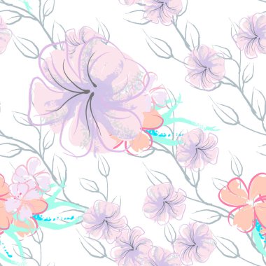 Pembe Çiçekler Çiçek Şablonu. Pastel Suluboya Çiçek Yazısı. Küçük pembe, sarı, gri yapraklı leylak çiçeği. Zarif fırça arka planı. Kusursuz Botanik Vektör Yüzeyi. Moda Yazıcıları İçin Desen.