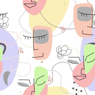Yüz çizgisi deseni. Soyut çizim kusursuz desen. Vektör Modern Minimum Sanat. Grafikler arka planda. Sürekli bir çizgi çiziyor. Doğrusal tasarım kadın ve erkek yüzleri. Güzel modern baskı..