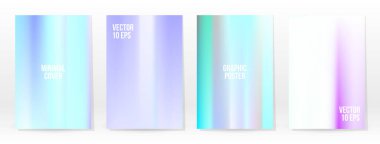 Holografik Poster seti. Iridescent Teknoloji Kapağı. Mobil Grafik Şablonu. Vektör Posteri. Gradyan örgü. Fütürist Sanal Şablon Tasarımı. Modern Soyut Arkaplan 90 'lar, 80' ler Retro Biçimi.