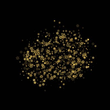 Düşen kar, altın deseni bozar. Uçan altın kar, don ve kar yağışlı bir resim. Kara geceyle ilgili Noel kutlaması için kış baskısı. Yeni Yıl için Tatil Vektörü illüstrasyonu.