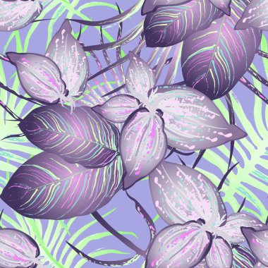 Tropik Yaprak Modern Motif. Orman baskısı. Yeşillik Yazı Kusursuz Düzen. Yeşillik Vektörü Arkaplanı. Sanatsal Botanik Yüzeyi. Moda için soyut bitki dokusu. Yumuşak Pastel Fırça Çizimi.