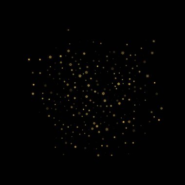 Düşen kar, altın deseni bozar. Uçan altın kar, don ve kar yağışlı bir resim. Kara geceyle ilgili Noel kutlaması için kış baskısı. Yeni Yıl için Tatil Vektörü illüstrasyonu.