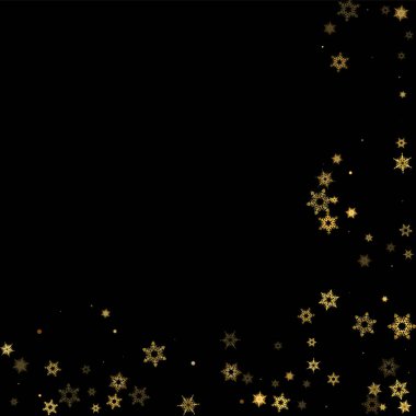 Düşen kar, altın deseni bozar. Uçan altın kar, don ve kar yağışlı bir resim. Kara geceyle ilgili Noel kutlaması için kış baskısı. Yeni Yıl için Tatil Vektörü illüstrasyonu.