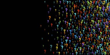 Soru işaretleri siyah arkaplana dağılmış. Sınav, şüphe, anket, araştırma, faq, sorgulama, sorgulama geçmişi. Kamuoyu yoklaması için çok renkli bir şablon. Gökkuşağı rengi. Vektör illüstrasyonu.