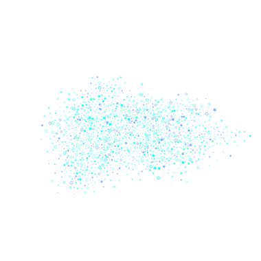 Mavi, turkuaz, pırıltılı yıldızlar, parlak konfeti. Dağınık, küçük parlak elementler. Beyaz arka plana rastgele yıldız düşüyor. Yılbaşı arkaplanı. Vektör illüstrasyonu.