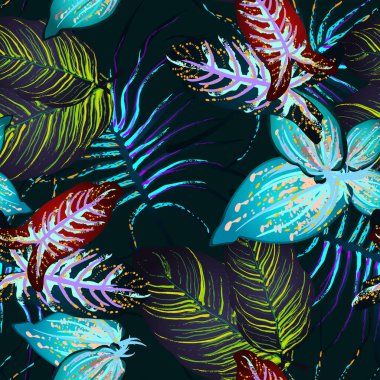 Tropik Yaprak. Modern Motif. Orman baskısı. Yeşillik Yazı Kusursuz Düzen. Yeşillik Vektörü Arkaplanı. Sanatsal Botanik Yüzey. Moda için soyut bitki dokusu. Karşıtlık Fırçası Çizimi.