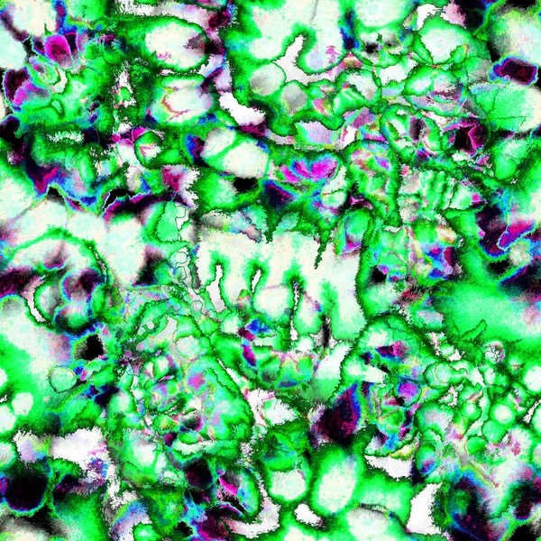 Gerçeküstü, psikedelik ıslak boya izi. Suluboya karışık akış noktaları, noktalar, yırtık kenarlar. Tekstil, yüzey, moda, mayo ve modern tasarım için bitmeyen tekrarlanan soyut arkaplan.