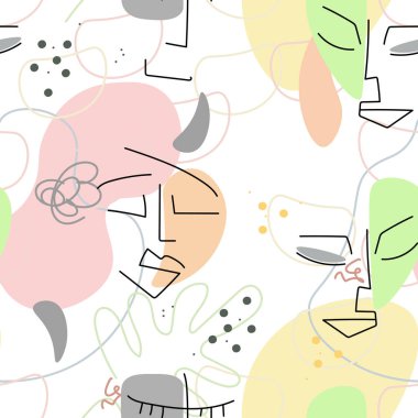 Yüz çizgisi deseni. Soyut çizim kusursuz desen. Vektör Modern Minimum Sanat. Grafikler arka planda. Sürekli bir çizgi çiziyor. Doğrusal tasarım kadın ve erkek yüzleri. Güzel modern baskı..
