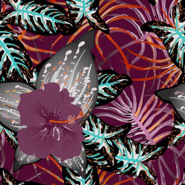 Tropik Yaprak. Modern Motif. Orman baskısı. Yeşillik Yazı Kusursuz Düzen. Yeşillik Vektörü Arkaplanı. Sanatsal Botanik Yüzey. Moda için soyut bitki dokusu. Karşıtlık Fırçası Çizimi.