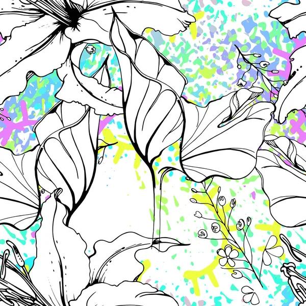 Artis Floral Seamless Pattern Outline Bunga Permukaan Botani Vektor Motif - Stok Vektor