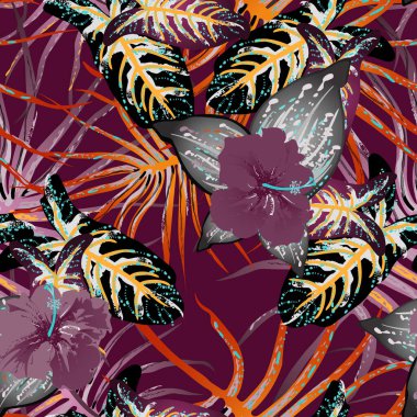 Tropik Yaprak. Modern Motif. Orman baskısı. Yeşillik Yazı Kusursuz Düzen. Yeşillik Vektörü Arkaplanı. Sanatsal Botanik Yüzey. Moda için soyut bitki dokusu. Karşıtlık Fırçası Çizimi.