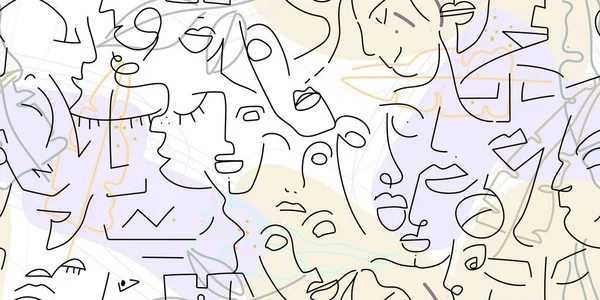 １本の線画 要旨はシームレスなパターンに直面する ベクトル モダンのミニマルアート グラフィックス輪郭の背景 連続線画 線形デザインの女性と男性の顔 Print — ストックベクタ