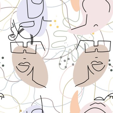 Kadın yüzü hattı. Soyut çizim kusursuz desen. Vektör Modern Minimum Sanat. Grafikler arka planda. Sürekli bir çizgi çiziyor. Doğrusal tasarım kadın ve erkek yüzleri. Güzel modern baskı..
