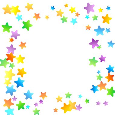 Gökkuşağı Festivali Konfeti. Karnaval Şablonu. Renkli Yıldız Düşüşü. Güzel Tatil Partisi. Beyaz Arkaplanda Küçük Çok Renkli Sprockets. Parlak Vektör İllüstrasyonu.