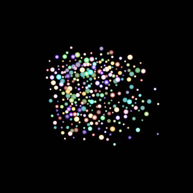 Gökkuşağı yıldızları, yanardöner çıkıntılar, parlak konfeti. Etrafa saçılmış küçük parlak toplar, daireler. Siyah arkaplana düşen rastgele bir yıldız. Yılbaşı arkaplanı. Vektör illüstrasyonu.