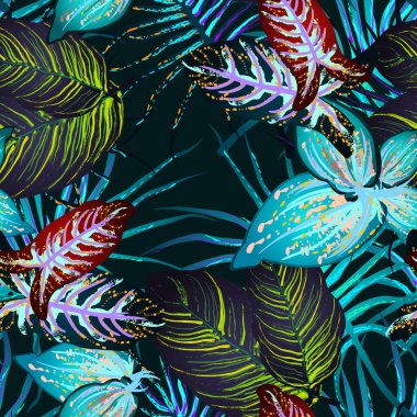 Tropik Yaprak. Modern Motif. Orman baskısı. Yeşillik Yazı Kusursuz Düzen. Yeşillik Vektörü Arkaplanı. Sanatsal Botanik Yüzey. Moda için soyut bitki dokusu. Karşıtlık Fırçası Çizimi.