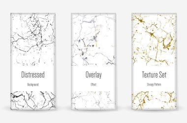 Kederli Grunge dokusu seti. Kusursuz desen. Çizilmiş, Dirt Print. Yarım tonluk Retro Arkaplan. Kırık, çatlak duvar dokusu. Altın, Siyah, Beyaz Grunge tarzı. Gürültü Kaba Tasarım. Vektör İllüstrasyonu.