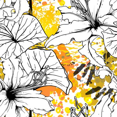 Çiçekli Siyah ve Beyaz Kusursuz Şablon. Modern Sanatsal Suluboya Baskısı. Moda Dış Hatları Çiçek Yüzeyi. Mürekkep lekeleri dokusunda Botanik Vektör Motifi. Soyut Yaprak Çizimi. Trend Tropik Arkaplanı.