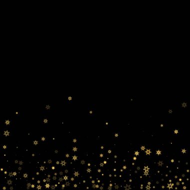 Düşen kar, altın deseni bozar. Uçan altın kar, don ve kar yağışlı bir resim. Kara geceyle ilgili Noel kutlaması için kış baskısı. Yeni Yıl için Tatil Vektörü illüstrasyonu.