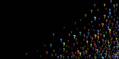 Soru işaretleri siyah arkaplana dağılmış. Sınav, şüphe, anket, araştırma, faq, sorgulama, sorgulama geçmişi. Kamuoyu yoklaması için çok renkli bir şablon. Gökkuşağı rengi. Vektör illüstrasyonu.