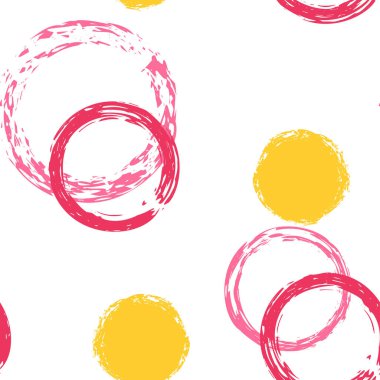 Renkli Polka Noktaları. Pastel Vektör Kusursuz Desen. Canlı Tasarım. Suluboya Şekli Kaotik Şekillerle Soyut Beyaz Arkaplan. Grunge Retro Giftwrap. Tebeşir Fırçası Yuvarlakları, Konfeti