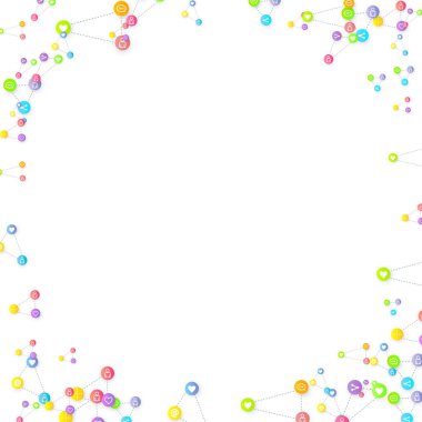 Sosyal medya pazarlaması, iletişim ağı kavramı. Beyaz arkaplana bağlı rastgele sosyal medya hizmetleri simgeleri. Yorum, arkadaş, paylaşım, hedef, mesaj. Vektör İnternet kavramı.