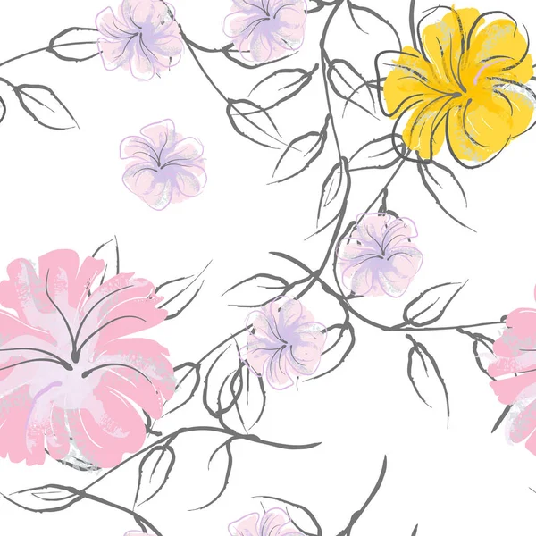 粉红花朵绽放模式 糊状水彩画印刷 小粉色 淡紫色花在灰色的叶子上 优雅的画笔背景 无缝制的植物载体表面 时装印花的质感 — 图库矢量图片
