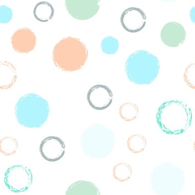 Renkli Polka Noktaları. Pastel Vektör Kusursuz Desen. Çok renkli Noktalı Desen. Suluboya Şekli Kaotik Şekillerle Soyut Beyaz Arkaplan. Summer Retro Kumaş. Tebeşir Fırçası Yuvarlakları, Konfeti