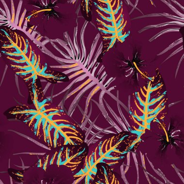 Tropik Yaprak. Modern Motif. Orman baskısı. Yeşillik Yazı Kusursuz Düzen. Yeşillik Vektörü Arkaplanı. Sanatsal Botanik Yüzey. Moda için soyut bitki dokusu. Karşıtlık Fırçası Çizimi.