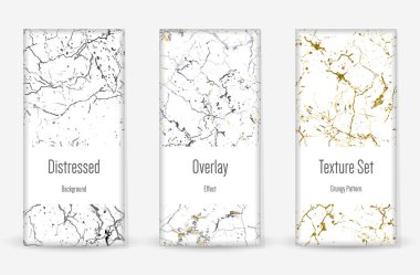 Kederli Grunge dokusu seti. Kusursuz desen. Çizilmiş, Dirt Print. Yarım tonluk Retro Arkaplan. Kırık, çatlak duvar dokusu. Altın, Siyah, Beyaz Grunge tarzı. Gürültü Kaba Tasarım. Vektör İllüstrasyonu.