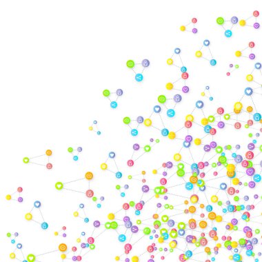 Sosyal medya pazarlaması, iletişim ağı kavramı. Beyaz arkaplana bağlı rastgele sosyal medya hizmetleri simgeleri. Yorum, arkadaş, paylaşım, hedef, mesaj. Vektör İnternet kavramı.