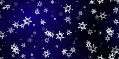 Düşen kar taneleri pürüzsüz desen. Uçan kar, don ve kar ile ilgili bir resim. Mavi gece geçmişinde noel kutlaması için kusursuz bir baskı. Yeni Yıl için Tatil Vektörü illüstrasyonu