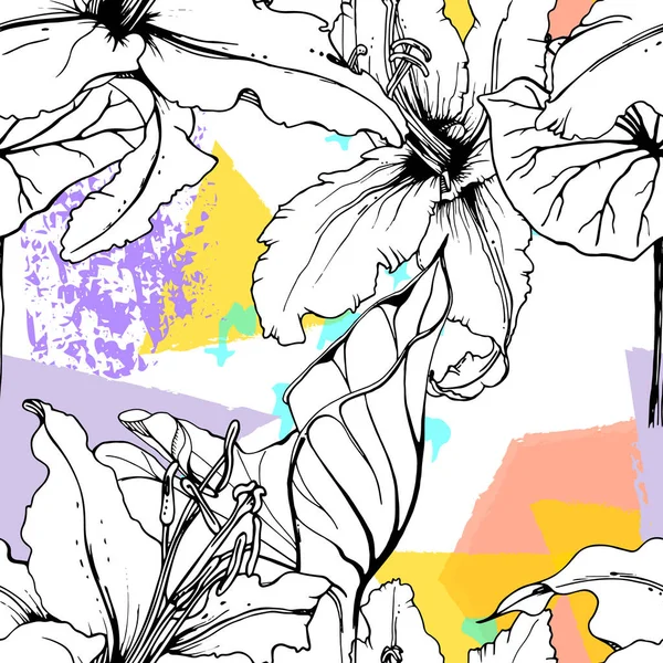 Floral Μαύρο Λευκό Εκτύπωση Τροπικά Φύλλα Ζούγκλας Γεωμετρικά Σχήματα Πινέλου — Διανυσματικό Αρχείο