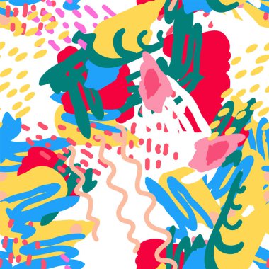 Parlak Şekil Botanik Vektör Kusursuz Düzen. Yazı Kolajı çiz. Kırmızı, Mavi ve Yeşil Boya Tasarımı. Şekil Element İllüstrasyonu.