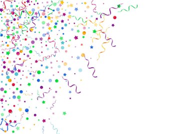 Renkli Konfeti Festivali Vektör Beyaz Arkaplan. Karnaval Parçacıkları Posteri. Spiral Dekorasyon İllüstrasyonu. Çok renkli Parlak Tasarım.