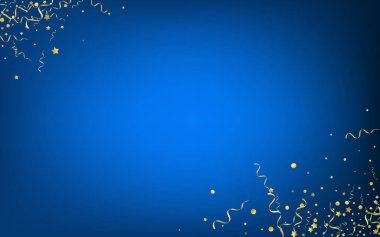 Golden Confetti Swirl Vector Blue Background. Decoration Ribbon Illustration. Serpentine Celebrate Invitation. Gold Festive Plant.