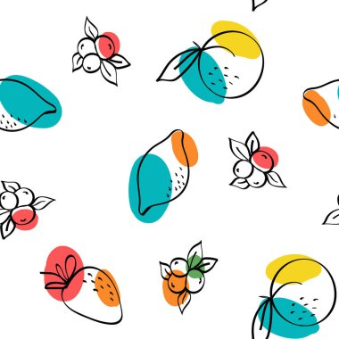 Parlak kayısı ve Kireç Vektörü Beyaz Kusursuz Desen. Portakal ve Böğürtlen Dokusunu çizmek. Pembe ve Sarı Limon ve Çilek Çizim Arkaplanı.