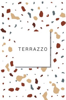Kahverengi ve Bej Terrazzo Taşı Vektör Beyaz Arkaplan. Renkli Seramik Döşeme Şablonu. Değiştirilmiş Geometrik Kapak.