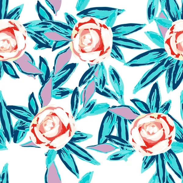 ピンクの花の水彩ベクトルシームレスパターン ローズガーデンデザイン 赤と青の美しいフェルトペンテンプレート 牡丹バレンタイン壁紙 — ストック写真