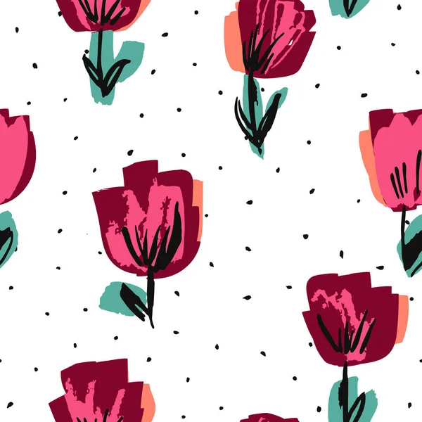 Burgundy and Pink Tulip Drawing Vector Seamless Pattern. Blossom Abstract Background. Valentine Drawn Illustration. Peony Fabric Wallpaper.