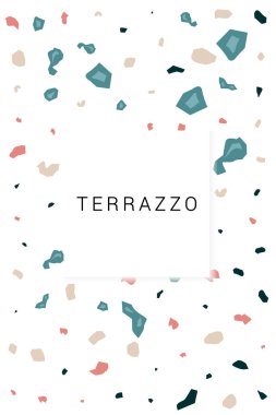 Mavi ve Bej Terrazzo Taşı Vektör Beyaz Arkaplan. Geometrik Terrazzo duvar kartı. Kırmızı ve Şeftalili İtalyan Duvar Kağıdı.